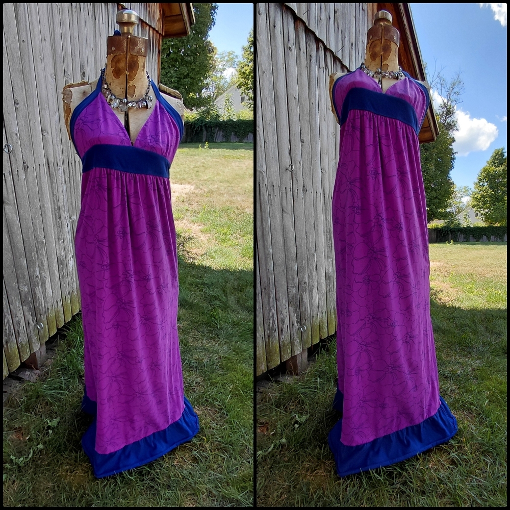 Roxy happy violet purple & navy blue floral print maxi halter dress Womens M